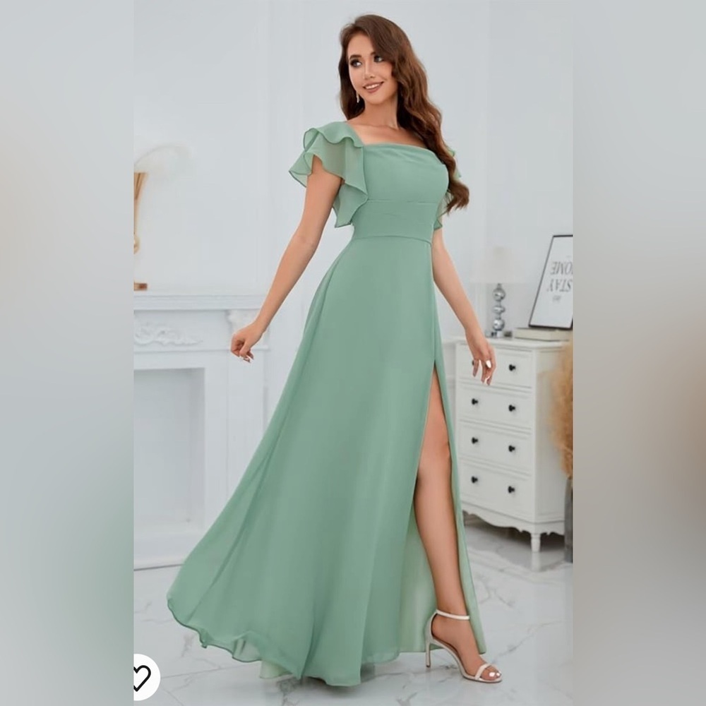 Long Chiffon Bridesmaid Dresses for Women A-Line Ruffles Wedding Dress with Slit - Picture 3 of 7